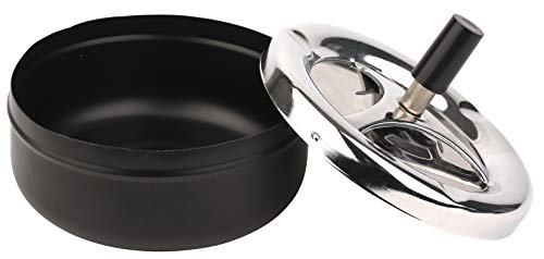 Mantello Round Push Down Cigarette Ashtray with Spinning Tray, Large, Black - Thumbnail 2