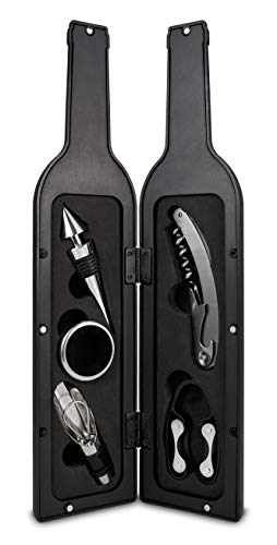 LE REGALO HW1229 6PC Tool Set Includes Stopper, Pourer, DRIP Ring, FOIL Cutter and Corkscrew Opener in Wine Bottle Shape Storage, Moderate, Black