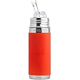 Pura Kiki 9 oz / 260 ml Stainless Steel Insulated Bottle with Silicone Straw &amp; Sleeve, Orange (Plastic Free, Nontoxic Certified, BPA Free)
