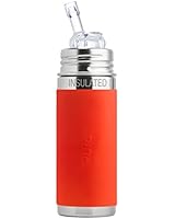 Pura Kiki 9 oz / 260 ml Stainless Steel Insulated Bottle with Silicone Straw &amp; Sleeve, Orange (Plastic Free, Nontoxic Certified, BPA Free)