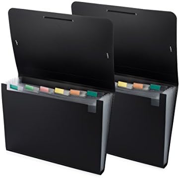 Expandable Accordion File Folder, Letter Size Portable Document Holder with 7 Pockets, Secure Flap and Rubber Band Closure (2 Pack, Black)