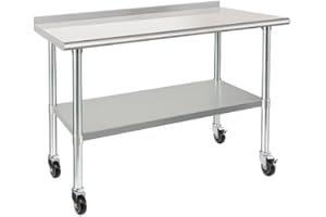 ​HARDURA NSF Commercial Prep Table 24"x48" with Locking Casters ​​​​Stainless Steel Work Table with 2" Backsplash & Adjustabl