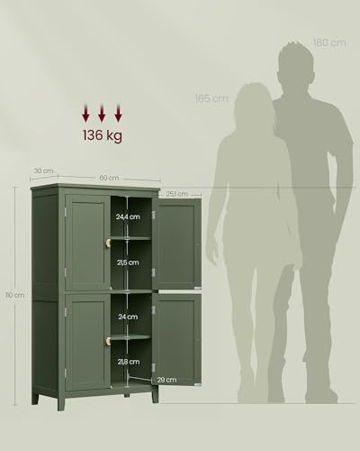 VASAGLE Armário para Banheiro, Armário de Cozinha Independente, com 4 Portas, Prateleiras Ajustáveis, 30 x 60 x 110 cm, Verde Floresta BRBBC552C01V1