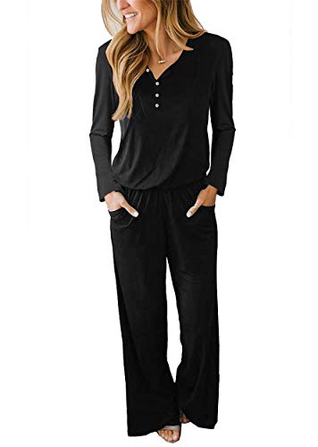 YIBOCK Women's Summer Long Sleeve Button Down Striped Long Jumpsuit Cami Romper (C-Black, S)