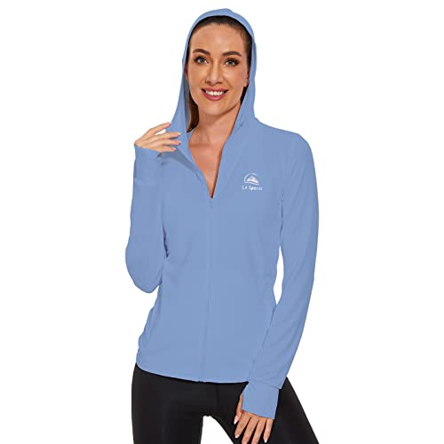 L LK SPORTS WOMEN’S LONG SLEEVE FISHING HOODIE SHIRTS LIGHTWEIGHT UPF 50+ SUN PROTECTION JACKET ATHLETIC HIKING ZIPPER POCKETS BLUE S