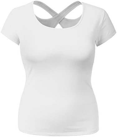 SHOPQUEEN Plus Size Strappy Criss Cross Back Short Cap Sleeve Round Neck Basic T-Shirt WHITE 2XL