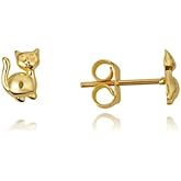 House Pet Cat Stud Earrings Real Solid 14K Yellow Gold