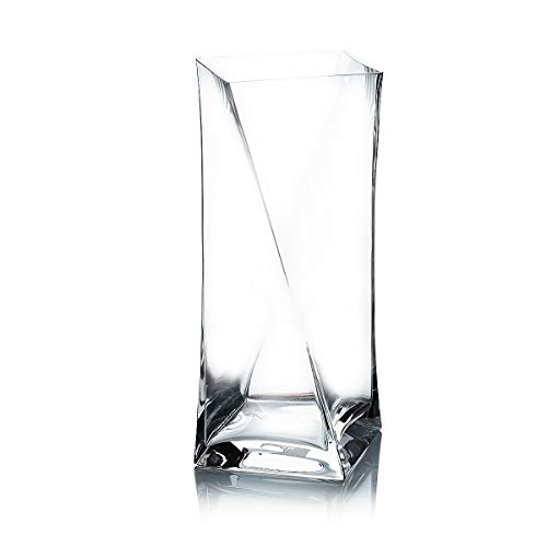 WGV Twist Bouquet Vase, 4" W, 10" H, Clear Square Block Gathering Hurricane Glass Floral Container, Centerpiece, Home Wedding Event Decor, 1 Piece (VUT0410)