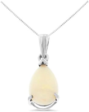 14K White Gold 6 x 8 mm. Pear Genuine Natural Opal Solitaire Pendant With Square Box Chain Necklace