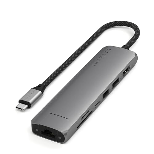 Satechi 7 in 1 USB C Hub Slim Plus Multiport Adapter with Ethernet, Charge PD 100W, HDMI 4K@60Hz, 2X USB-A 10Gbps and SD/microSD Ports for MacBook Air/Pro/Neo, Laptop and More - Grey