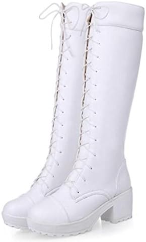 Diffyou Women's Lace Up Chunky Heel Military Riding Knee High Boots White 4.5 B(M) US