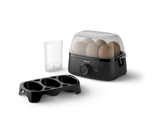 Cuece huevos Serie 3000, Tamaño familiar hasta 6 huevos (blandos, medios, duros, escalfados), Fácil de limpiar, Bandeja para escalfar y perforador de huevos, 400 W, Diseño compacto (HD9137/90)