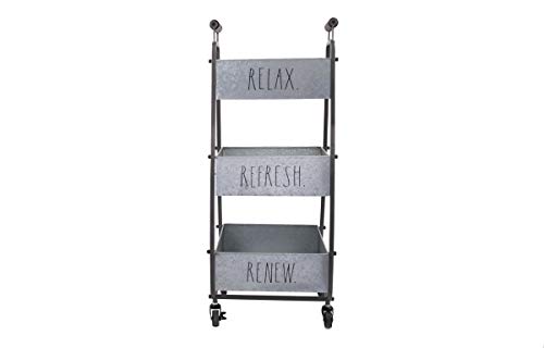 Rae Dunn 3 Tier Wheeled Organizer - Galvanized Steel Caddy with Wood Handle Accents - Chic and Stylish Portable Metal Storage Bin for Office, Home or Kitchen