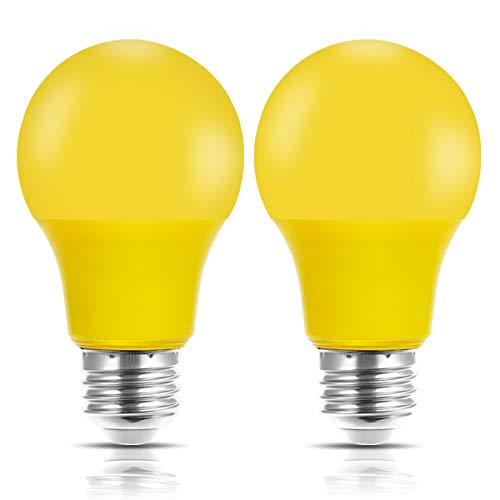 Yellow Bug Light Bulb, JandCase Holiday Decoration LED Bulb 40W Equivalent, 5W, A19 Outdoor Color Lights with E26 Medium Base, Porch, Home Lighting, Christmas Decor, Not Dimmable, Pack of 2