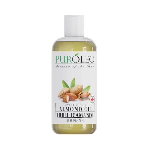 PUROLEO SWEET ALMOND OIL 16 FL OZ/473 ML (PACKED IN CANADA) PURE ALMOND OIL FOR SKIN, HAIR, & BODY | ORGANIC CARRIER OIL & BODY OILS FOR WOMEN | ALMOND BUTTER HAIR OIL, BODY OIL, BABY OIL
