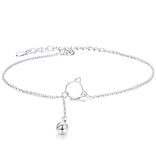 Sllaiss 925 Sterling Silver Cute Cat Bell Anklets for Women Dainty Beach Ankle Chain Boho Foot Jewelry for Mother's Day Girlfriend