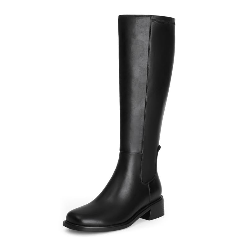 Photo 1 of QIY Black Boots for Women Knee High Black Heeled Boot for Women Dress Low Block Chunky Heel Square Toe Leather Tall Long Flat Boots No Heel Size 6.5