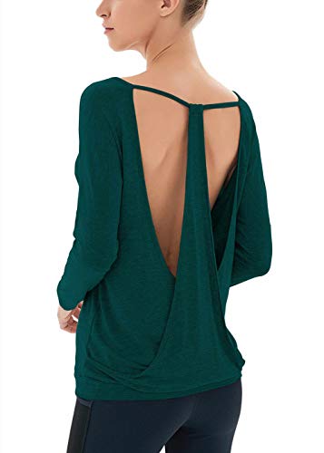 Fihapyli Women's Long Sleeve Yoga Tops Sexy Open Back Workout Tops for Women Backless Cute Gym Tops Fitness Muscle Tops Women Summer Running Shirts Loose Fit Workout Tank Tops for Women Teal L