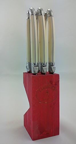 Jean Dubost Laguoile Stainless Steel Steak Knife Set with Cream Handles in a Wood Knife Block