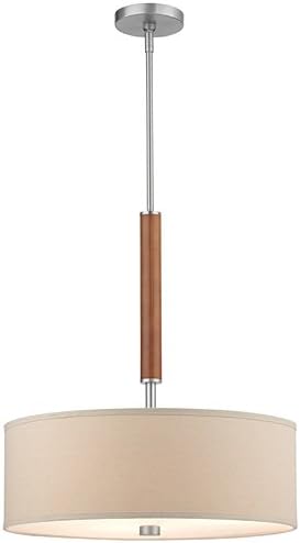 Forecast Lighting F1302-36 Embarcadero Three-Light Pendant with Vanilla Fabric Shades and Etched White Diffuser, Satin Nickel with Wood Accents