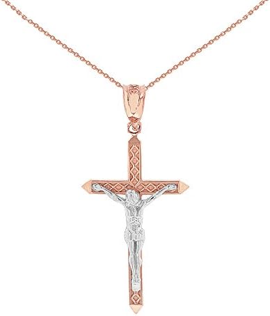 10k Two-Tone Rose Gold Passion Catholic Cross Crucifix Charm Pendant Necklace (1.23"), 16"