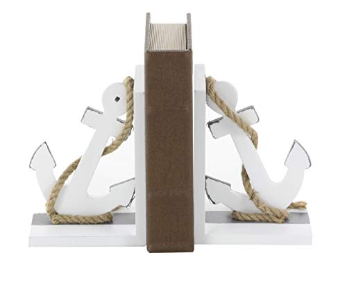 Deco 79 98863 Pair of Wooden Anchor Bookends with Rope Accents, White/Black/Brown