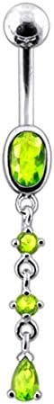 Light Green CZ Crystal Stone Oval with Round and Teardrop Dangling 925 Sterling Silver Belly Ring Body jewelry