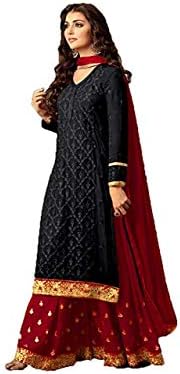 Style Amaze Women's Latest Black & Red Embroidered Festival Collection Sharara Style Salwar Suit Dress Materials