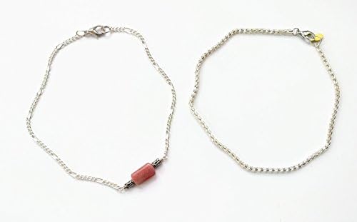 Ankle Bracelet Chains 2 Piece Anklet Set Gemstone Silver Figaro and Box Chain 10-inches