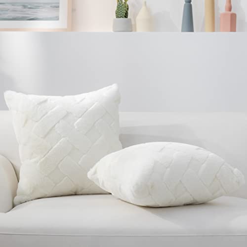 Cozy Bliss Faux Fur Pillow Covers Luxury Super Soft Plush Fleece Throw Pillowcase, Textured Knitted Cushion Cover Decorative Pillowcases for Sofa Couch Bed Chair Car (Cream, 18\