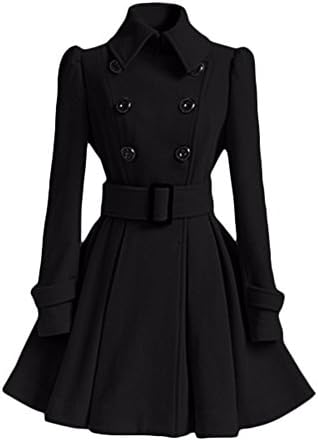 Women's Black Vintage Double Breasted Trench Coat Slim Pea Outwear Jacket with Belt