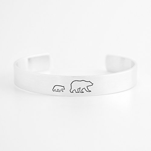 Mama Bear with One Cub Cuff Bracelet - Hand Stamped Aluminum