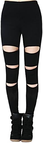 HaboZoo Women Rock Punk Hippie Tear Broken Hole Footless Leggings Black M