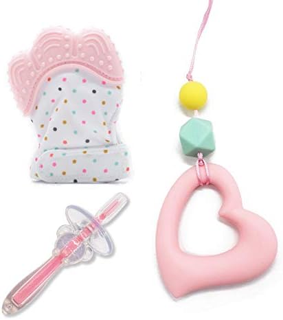 CYRAN Baby Teething Mittens, Teethers Silicone Necklace for Mom, Infant Teething Toothbrush Comforting teether Glove BPA Free Teething Beads 3Pack Pink