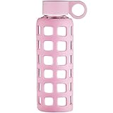Origin Best BPA-Free Borosilicate Glass Water Bottle with Fun Square Silicone Sleeve and Leak Proof Lid - Dishwasher Safe (Pale Pink, 32 Oz)