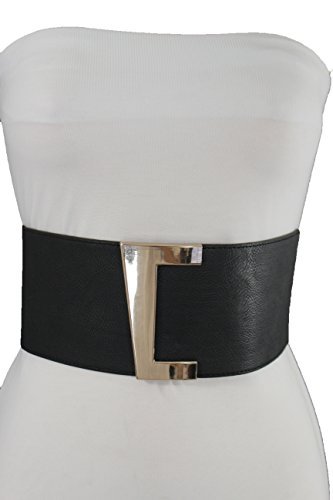 TFJ Women's Fashion Corset Belt Wide Hip Waist Faux Leather Elastic Metal Gold Buckle Small Medium Black