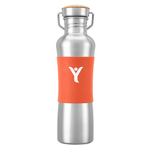 DYLN Living Water Bottle - Alkaline Antioxidant water with VitaBead Diffuser Bamboo Cap and Silicone Sleeve Grip (750ml, Increases pH up to 9+) - Matte Tango Orange