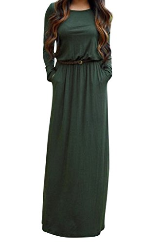 Women's Solid Color Crewneck Long Sleeve Casual Belted Maxi Dress with Pockets US-14 Green