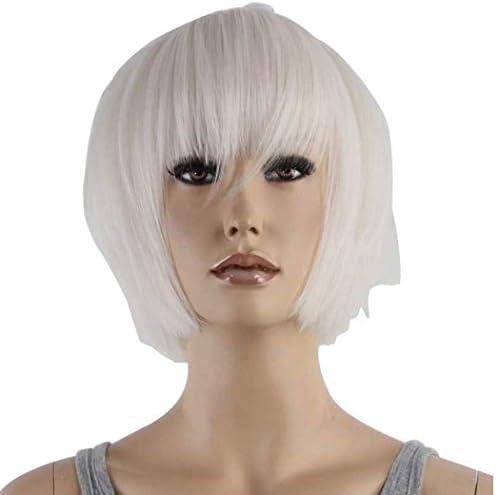 Tsnomore Trendy Bob Wig Short Straight White Bob Wigs with Full Bangs for Women Daily Cosplay(White)