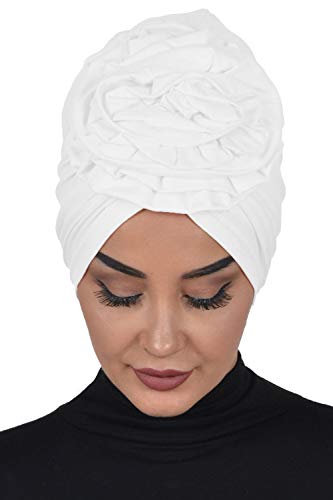 Instant Turban Cotton Scarf Head Wrap Cancer Chemo Headwear Rose Detail - White