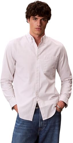 Camisa Hombre Stripe Oxford Classic con Bolsillo en el Pecho, Blanco (Chalk), M