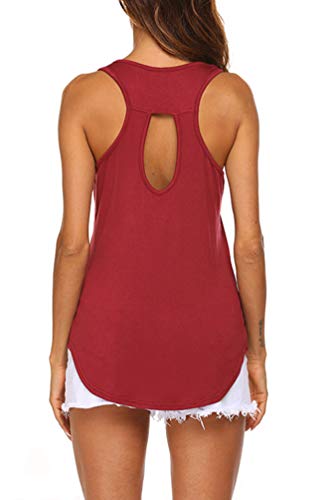 Poetsky Women Long Active Tank Tops Cut Out Back Sleeveless Workout Top (Wine Red, S)