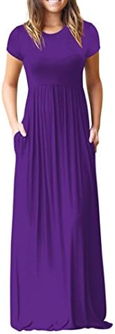 Summer Plain Dress, Women's Casual Short Sleeves Crewneck Side High Split Loose Long Maxi Dress Midi Solid Color Tunic Blouse