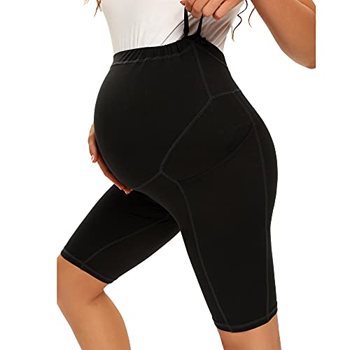 MAZUSPORTS WOMEN’S MATERNITY YOGA SHORTS OVER THE BELLY ACTIVE COMFY BIKER WORKOUT RUNNING ATHLETIC SHORTS SIDE POCKETS (BLACK, XL)