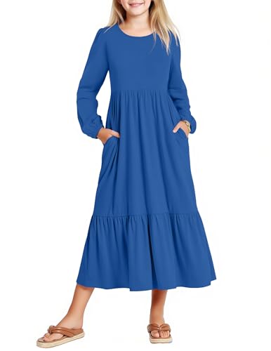 Arshiner Girls Maxi Dresses Lantern Long Sleeve Casual Holiday Dress with Pockets for 5-6 Y Dusty Blue at Amazon