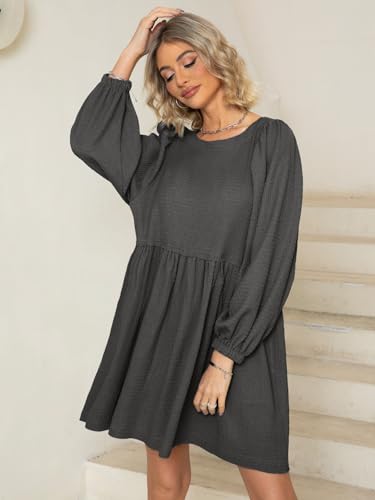 GLAMAKER WOMENS FLOWY SUMMER TUNIC DRESS PUFF SLEEVE CREW NECK CASUAL BABYDOLL MINI DRESSES XXL DARK GREY