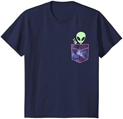 Kids Alien Pocket T Shirt | UFO from Cosmic Space Peace sign Tee 6 Navy