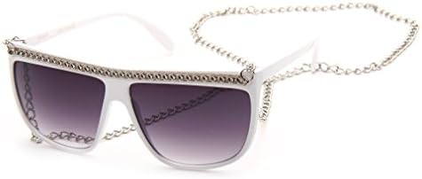 Newbee Fashion SunglassesWomen Flat Top Oversized Retro Chain Sunglasses w/Metal Chain on Top & Neck