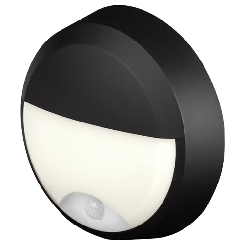 4lite Pylus Outdoor Round Wall Light (Black) 660lm Motion Sensor Bulkhead IP54 LED Integrated Exterior Light - 4L2/3218/PIR - 4Yr Guarantee