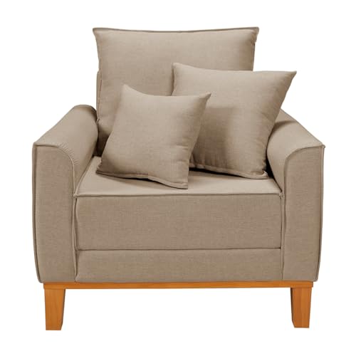 Poltrona Decorativa Beny Fixa Living Linho Para Sala Cadeira Recepção Escritório Base de Madeira (Bege)
